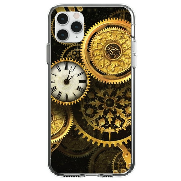 DistinctInk Clear Shockproof Hybrid Case for iPhone 12 MINI (5.4" Screen) - TPU Bumper, Acrylic Back, Tempered Glass Screen Protector - Clocks Clockwork Gold