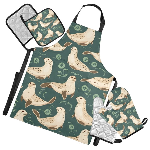 Cute Sea Lion 5 Pcs Kitchen Set Heat Resistant Oven Mitts and Non-Slip Pot Holders with Adjustable Cooking Apron