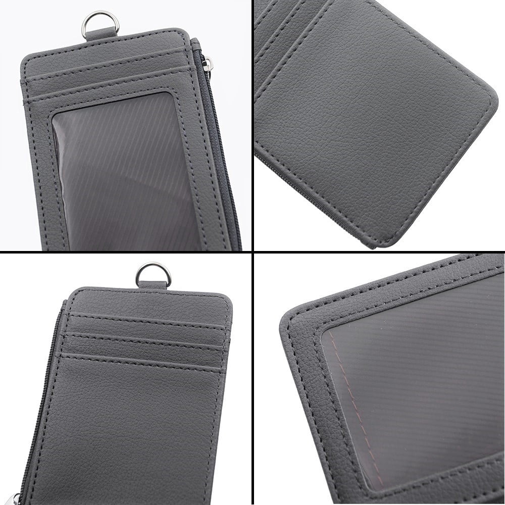 Badge Holder with Zip, Slim Double Sided PU Leather ID Card Holder Wallet Case with 5 Card Slots, 1 Side Zipper Pocket and 18" PU Neck Lanyard/Strap, Vertical-Red5Pcs