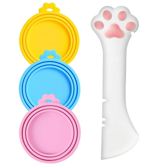 4 Pcs Pet Food Can Covers Pet Can Opener, Silicone Can Lids for Dog and Cat Food, Spoons for Wet Food, Universal Size,One fit 3 Standard Size Food Cans