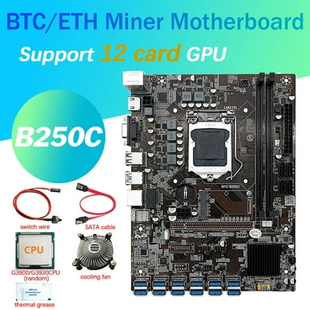 

B250C 12 Card BTC Mining Motherboard+G3900/G3930 CPU+Fan+Thermal Grease+SATA+Switch Cable 12 USB3.0 LGA1151 DDR4 MSATA