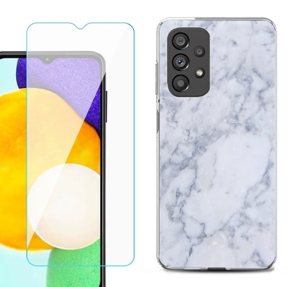 Slim-Fit Gel TPU Phone Case for Samsung Galaxy A23 5G, with Tempered Glass Screen Protector, by OneToughShield ® - Marble / Clouds