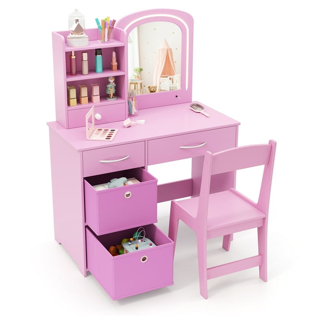 Patiojoy Kids Vanity Set Princess Dressing Table & Chair with Mirror 2-Color LED Lights Pink