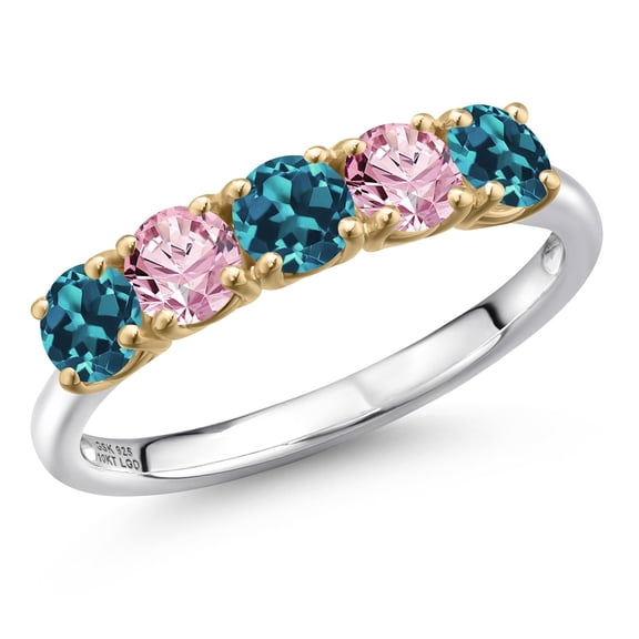 Gem Stone King 925 Silver and 10K Yellow Gold London Blue Topaz and Pink Lab Grown Diamond Wedding-Bands Ring for Women | 1.49 Cttw | Round 4MM | Gemstone November Birthstone | Size 7