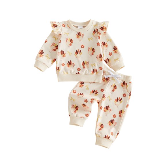 Conjunto de sudadera y pantalón deportivo para bebé niña pequeña para el Día de Acción de Gracias: sudadera con lazo de pavo y pantalón deportivo.