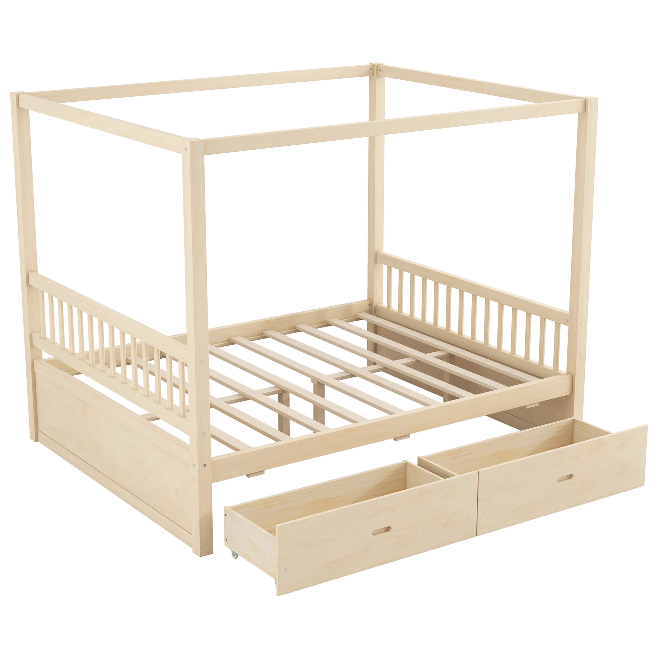 Noble House Stefan Queen Size Wooden Canopy Bed Frame with Storage Drawers, Farmhouse Decor Style, Natural
