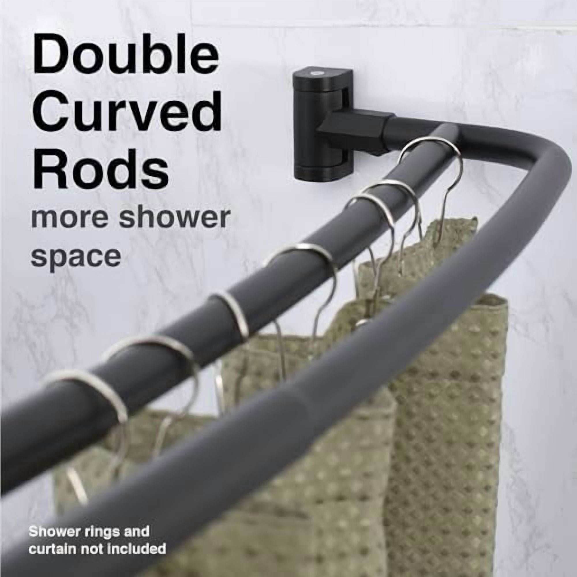 Double Curved Shower Rod, Metal Construction, Adjustable Between 44 to 70 Inches, Aluminum Rods and Zinc Mounting Hardware, Quality Modern Bathware, Black Finish