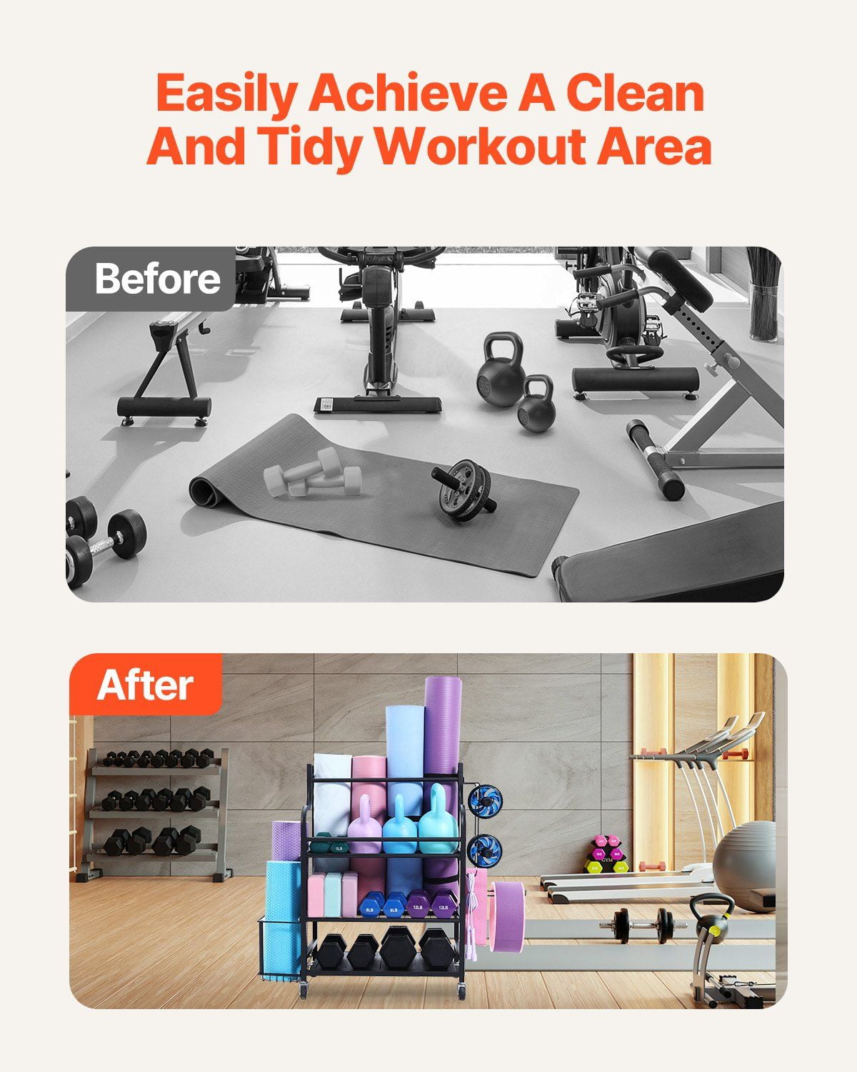 Yoga Mat Storage Rack, Home Gym Workout Equipment Organizer, Powder Coated Finish Steel Yoga Mat Holder with Hooks & Wheels, Weight Rack for Dumbbell, Kettlebell, Foam Roller, and Yoga Strap