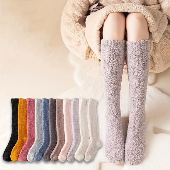 SUTENGDA 11 Pairs Women‘s Coral Fleece Knee High Socks Cozy Japanese-Style Plush Thickened Home Sleep Socks Winter Warm Calf Socks