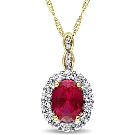 Tangelo 2-5/8 Carat T.G.W. Created Ruby, White Topaz and Diamond-Accent 14kt Yellow Gold Vintage Oval Pendant, 17