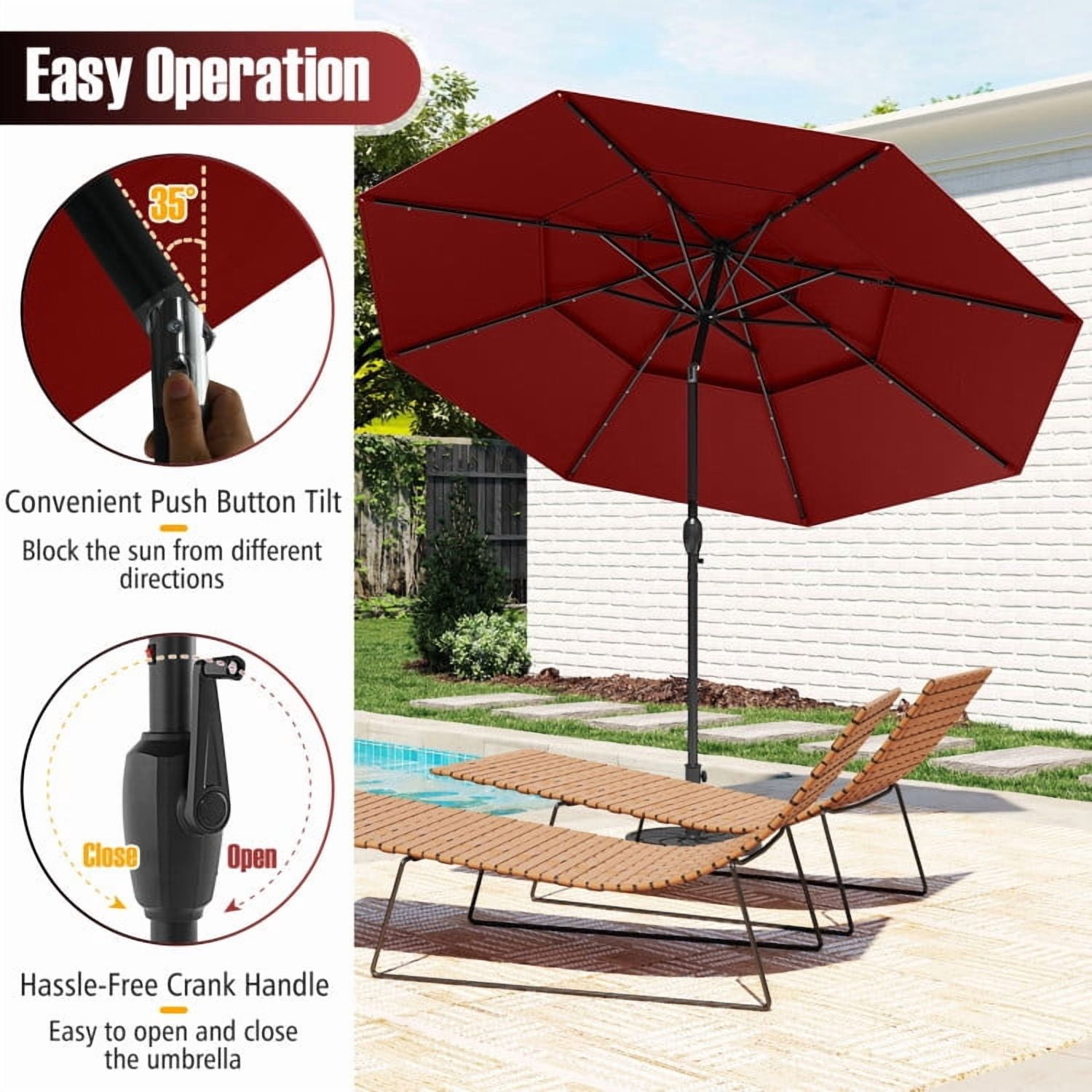 YYAo Outdoor Garden Umbrella,Market Umbrella,10 Feet Solar Patio Umbrella with 32 LED Lights 3-Tier Vented Top-Wine