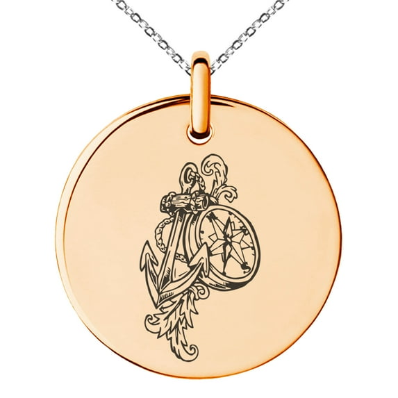 Stainless Steel Nautical Feather Compass & Anchor Engraved Small Medallion Circle Charm Pendant Necklace