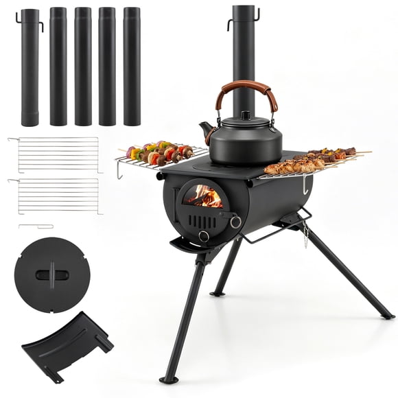 Gymax Hot Tent Stove Portable Wood Burning Camping Stove w/ Chimney Pipes Black