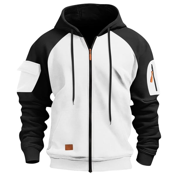 Ceisia Men's Long Sleeve Jacket Drawstring Full-Zip with Kanga Pocket Color Block Sweatshirts Casual Hoodies White L Gift