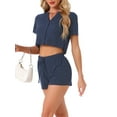 thumbnail image 4 of INSPIRE CHIC Women's Waffle Knit Button Down Pajamas Short Sleeve Crop Tops with Shorts 2 Piece Outfit Lounge Set L Navy Blue, 4 of 6