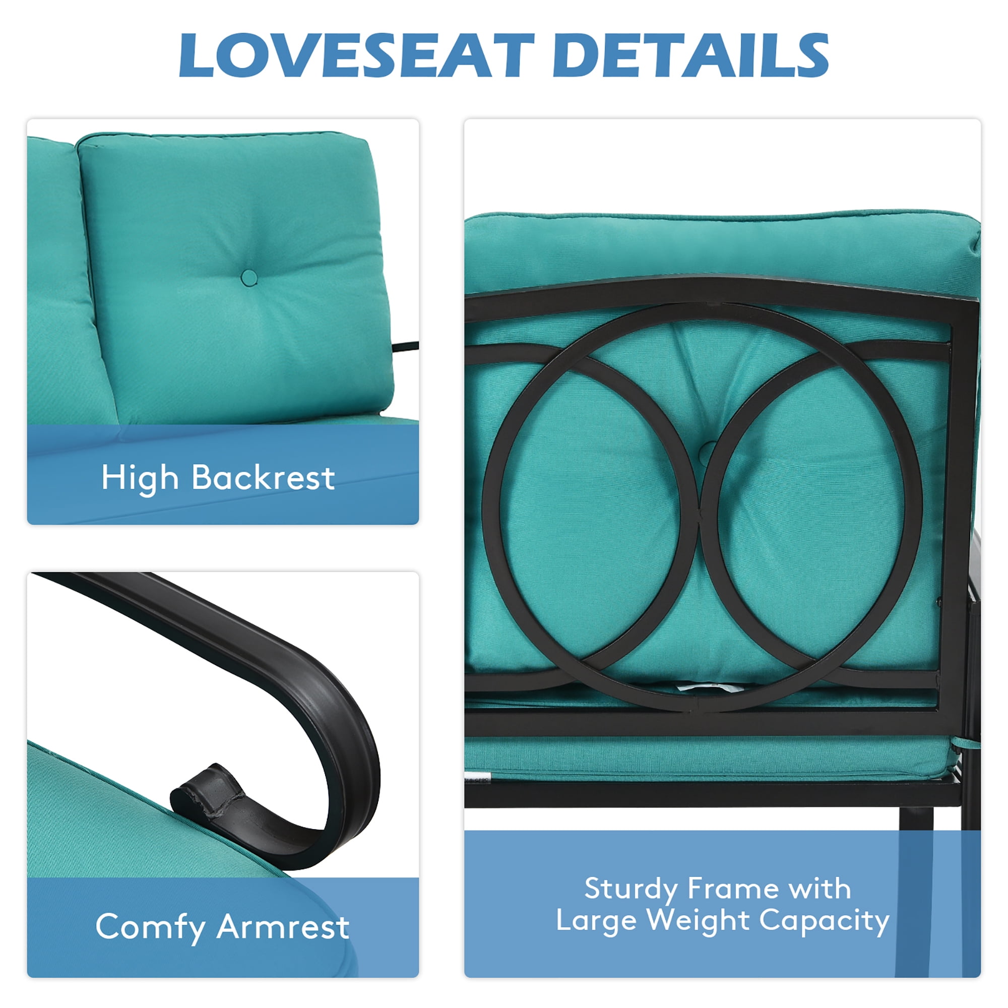 Costway 2PCS Patio Loveseat Bench Table Furniture Set Cushioned Chair Turquoise