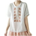 thumbnail image 3 of Dazajoo Summer Short Sleeve Tops for Women 2025 Casual Floral Embroidered Linen Shirt Round Neck Loose Blouses,White,L, 3 of 7