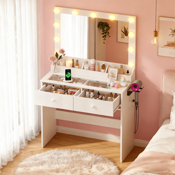 Zimtown Vanity with Mirror and Light, Makeup Desk with Charging Station and Storage, Dressing Table with Hair Dryer Rack for Bedroom, White
