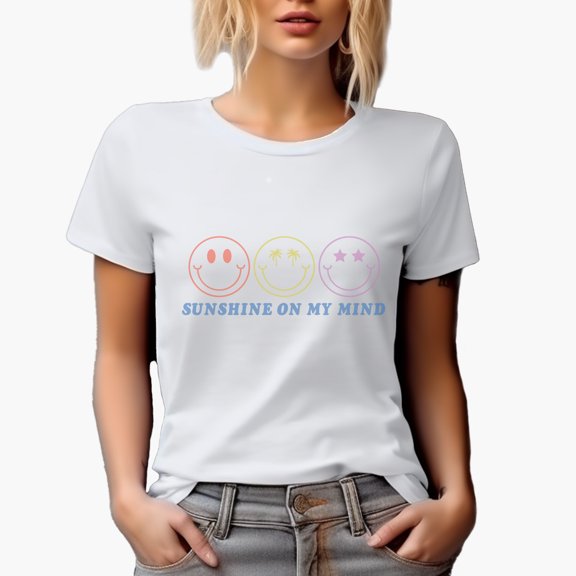 Sunshine on My Mind Quote with Retro Smiling Faces Art Merch Gift, White T-Shirt, Small