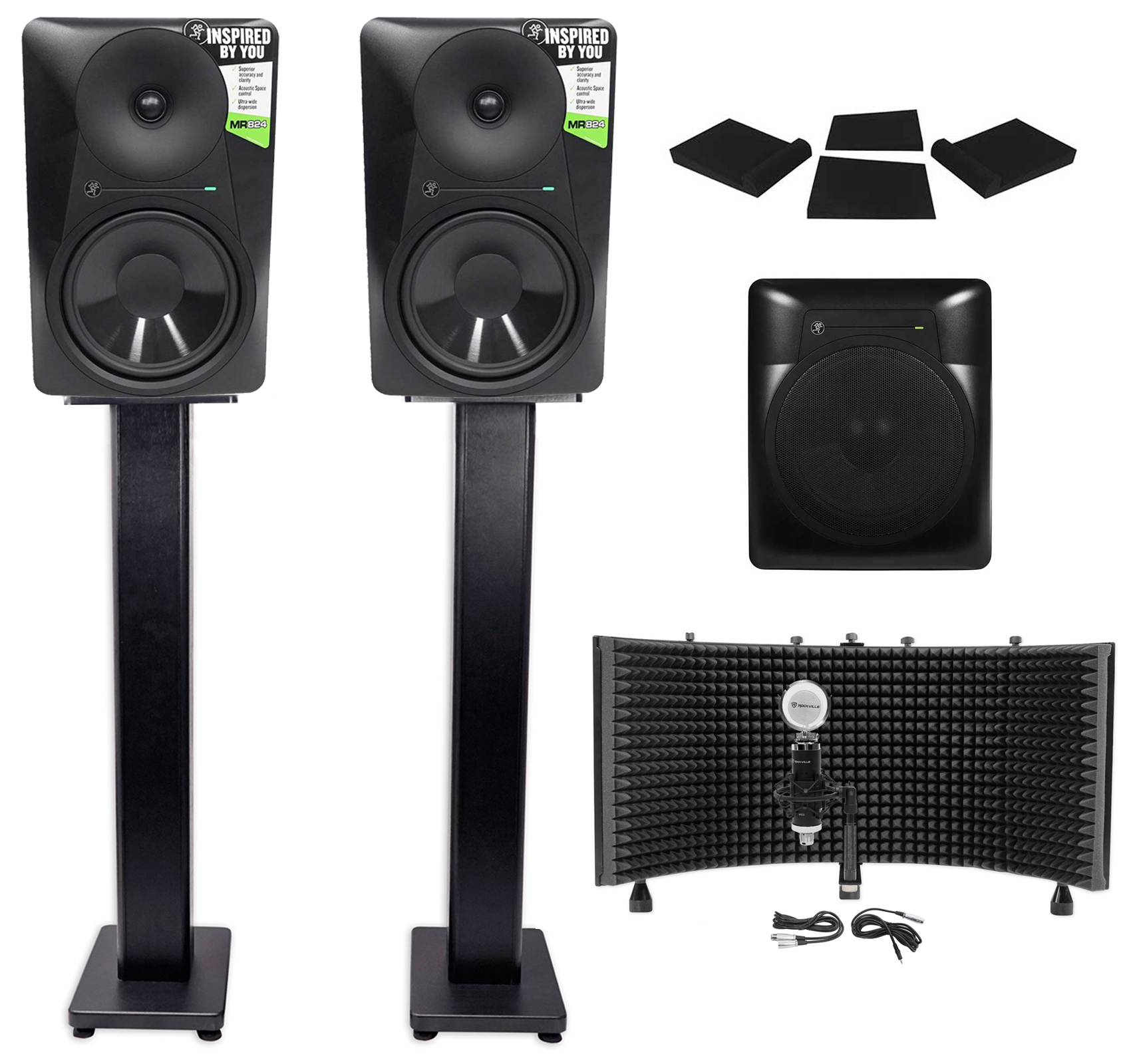 2 Mackie MR824 8” Powered Studio Monitors+10" Active Sub+Mic+Mount+Stands+Pads - image 1 of 10