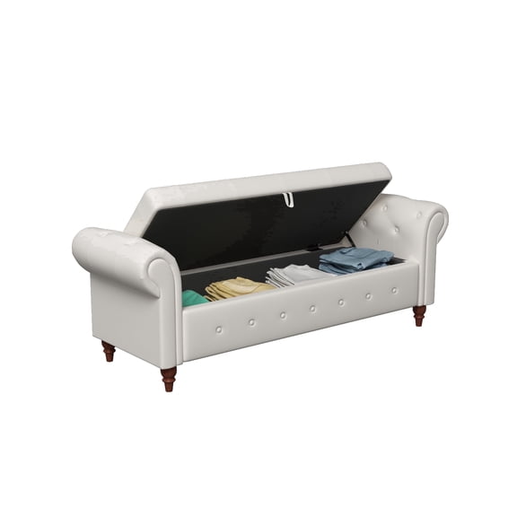 QuzyAor 63" Storage Ottoman Bench, Sturdy Upholstered End of Bed Bench with Wood Legs, 500 lbs Capacity for Bedroom, Beige (Velvet)