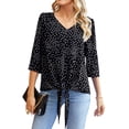 thumbnail image 3 of Uvplove Chiffon Blouses for Women V Neck Tie Front 3/4 Sleeve Tops Business Casual Office Work Loose Top Shirts,Black_Dot,M, 3 of 12
