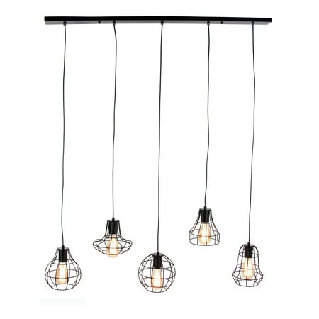 

Studio 350 Large Industrial Style Staggered Pendant Lighting with 5 Black Metal Geometric Caged Edison Bulbs 42 x 52 - 42 x 8 x 15