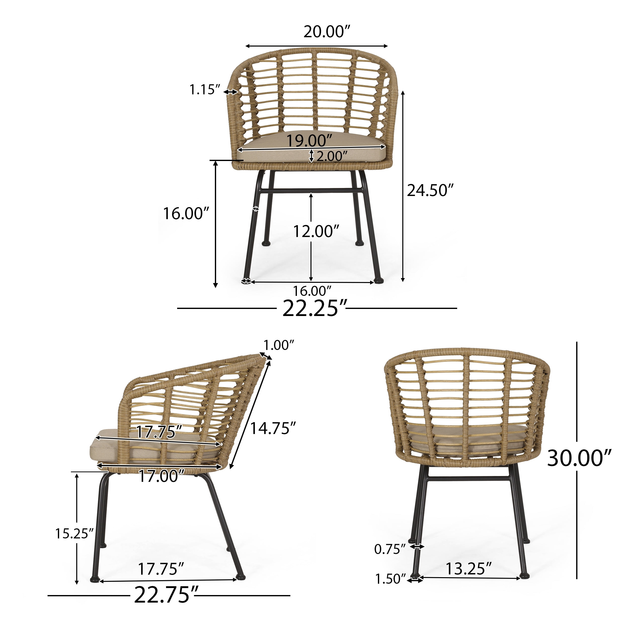 Sonnette Wicker Outdoor Chair with Water Resistant Cushion, Set of 2, Light Brown and Beige
