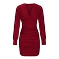 thumbnail image 4 of cfhntfmh Bodycon Dresses for Women V Neck Cocktail Dress Fall Fashion Long Sleeve Ruched Party Evening Mini Dress, 4 of 6
