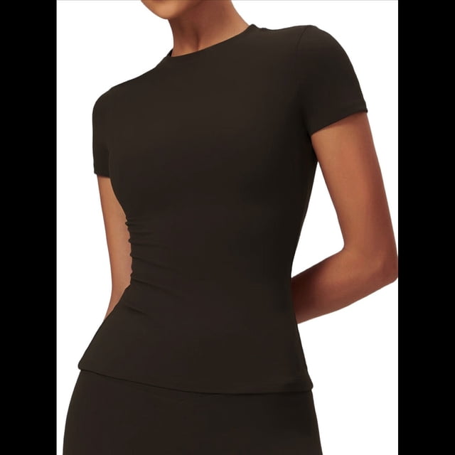 Camiseta Básica de Verano para Mujer, Corta, Cuello Redondo, Corte Ajustado, Top Corto Marrón L