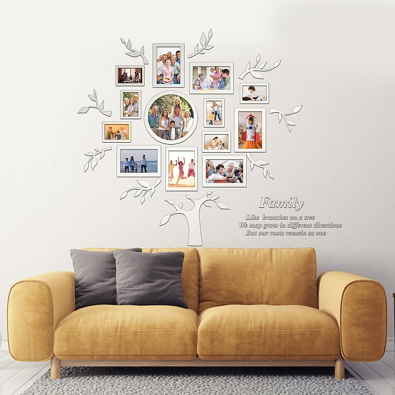 Acrylic Wall Stickers for Home Living Room Bedroom Decoration Tree and Word Pattern Silver 300x300mm 6pcs/set