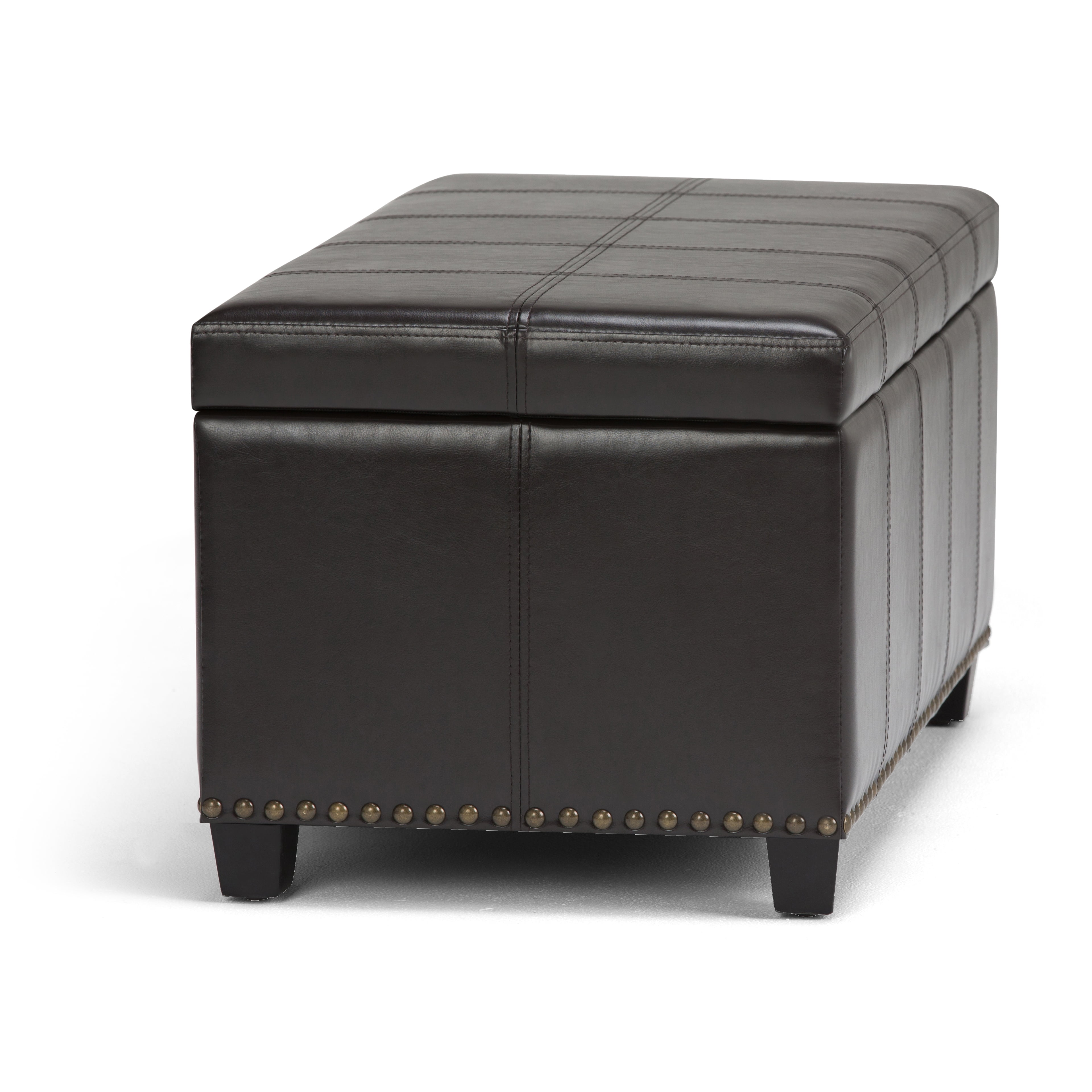 Simpli Home Amelia 33 inch Wide Transitional Storage Ottoman Bench in Tanners Brown Vegan Leather