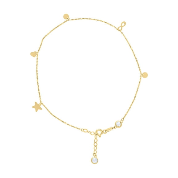10K Yellow Gold CZ Women's Heart, Infinity, Star & Circle Charm Cable Anklet 10"