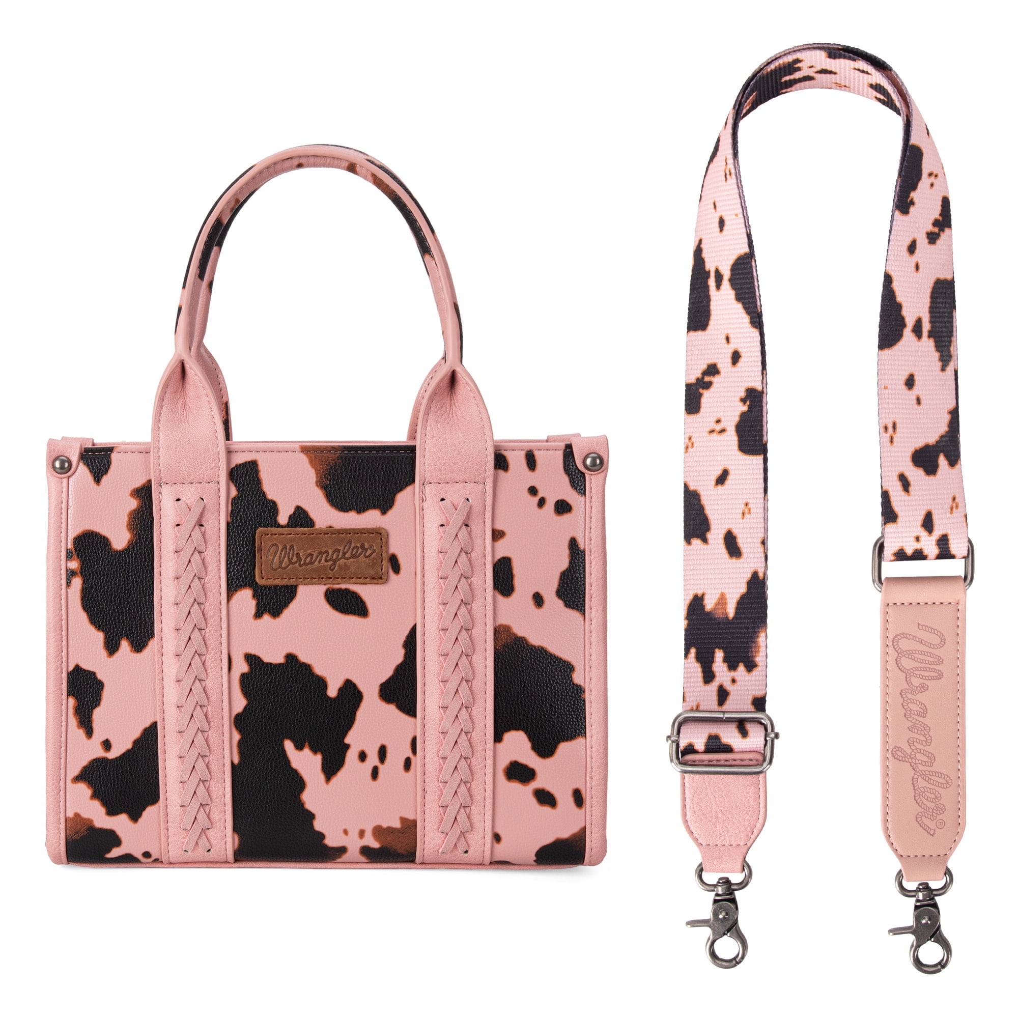 Wrangler Cow Print Tote Bag for Women Western Purse Boho Top Handle Satchel Handbag with Signature Strap, Cow-Pink