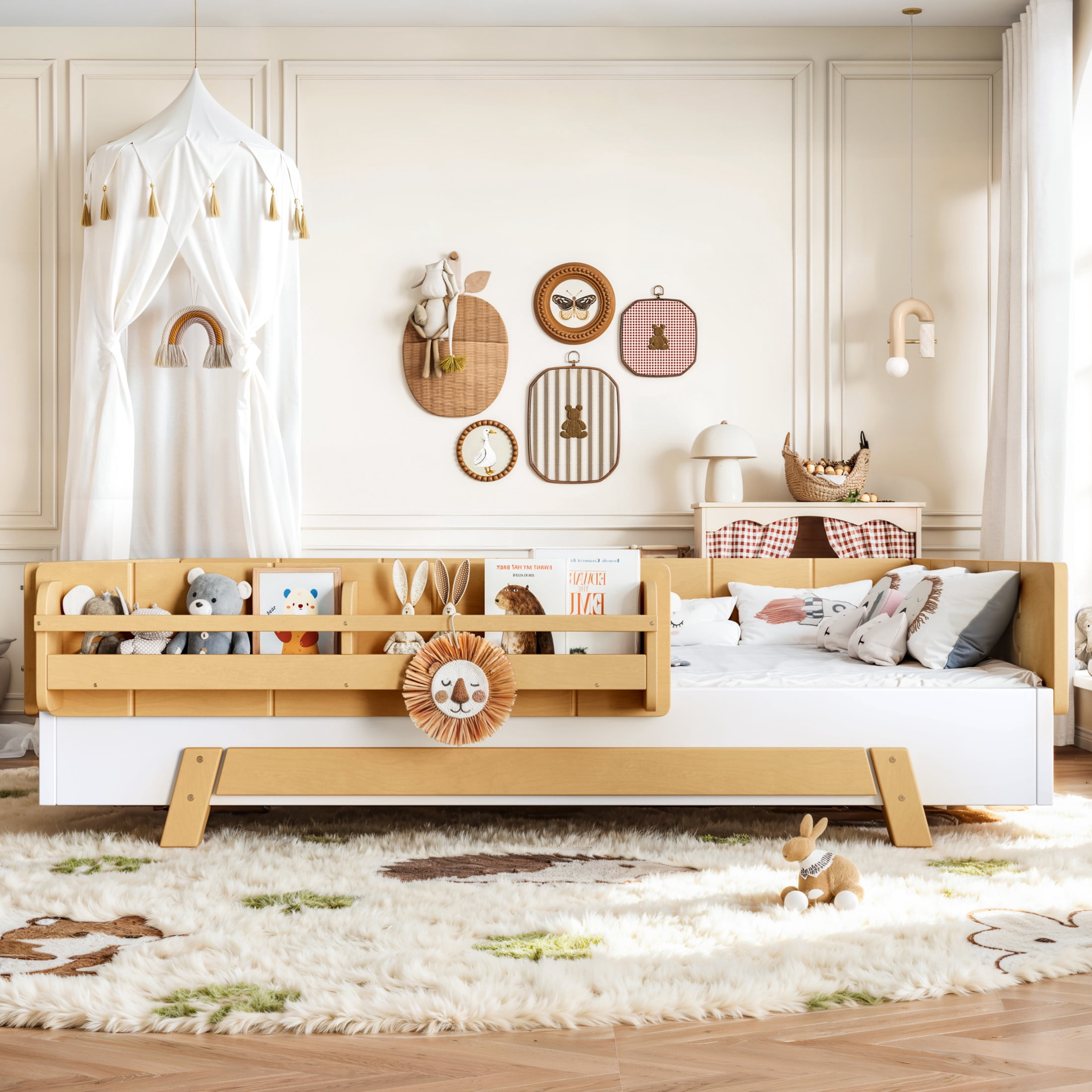 GDF Studio Full Size Montessori Floor Bed with Guardrails & Bookshelves, Building Block Design, White+Natural