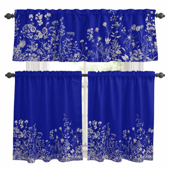 Blue Botanical Kitchen Curtains Sets for Windows 36 Inch Length, Farmhouse Spring Summer Flower Rod Pocket Window Treatments Tier Curtains and Valances Set for Bedroom/Bathroom