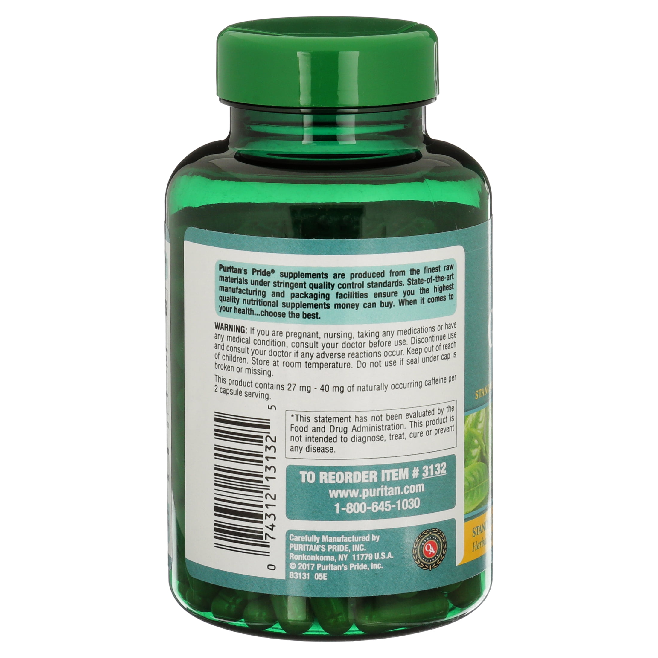 Puritan's Pride Green Tea Standardized Extract 315 mg-200 Capsules