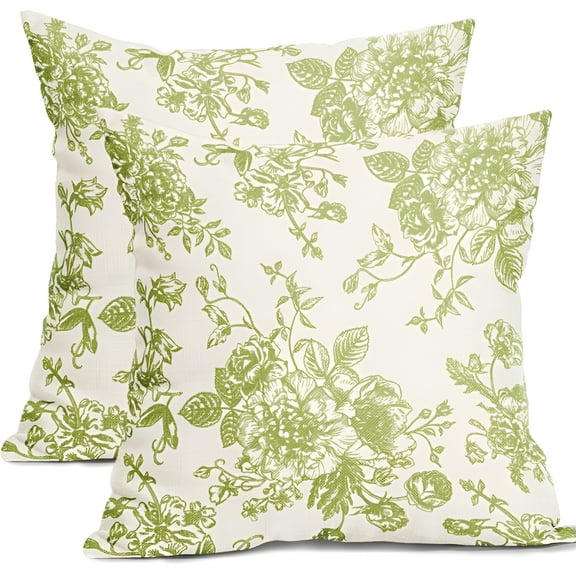 LAMIRO Green Cream Floral Pillow Covers 16x16 Inch Set of 2 Spring Floral Chartreuse Green Vintage Flower Throw Pillow Covers Chinoiserie Pillowcases Cotton Linen Cushion Covers