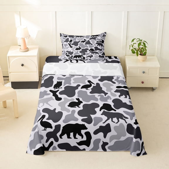 Manfei Retro Camo Twin Sheets,Lovely Bear Bedding,White Black,3-Piece,1 Fitted Sheet and 1 Pillowcase