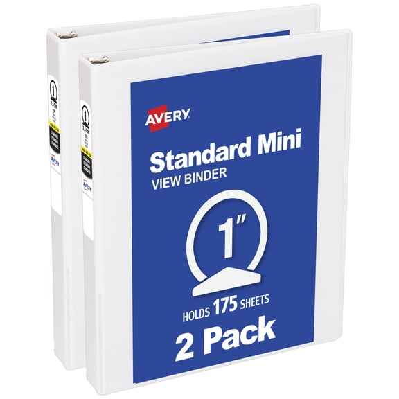 Avery® Standard View Mini Binder, 1" Round Rings, 2 White (2-Pack of 05806)