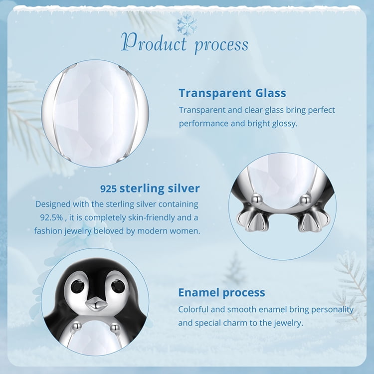 Penguin Beaded Bracelet Charm, 925 Sterling Silver Accessory, Compatible with 3mm-4.5mm Bracelet