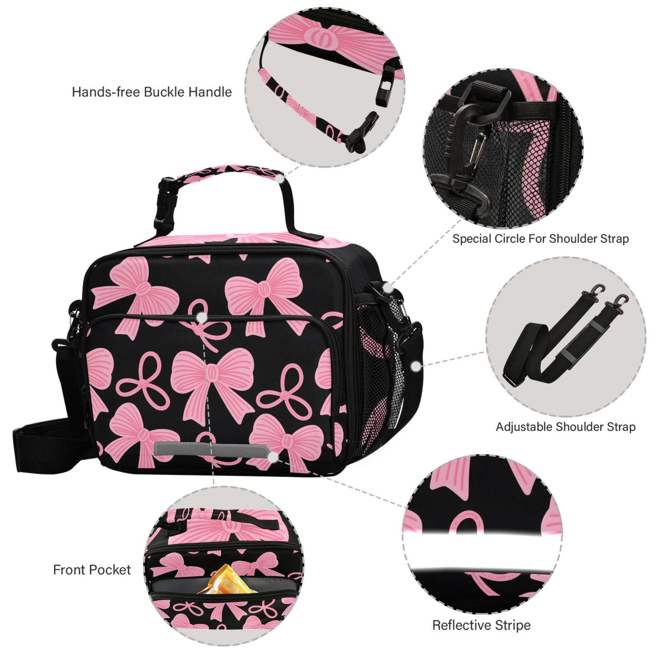 ALAZA Pink Bows Lunch Box Insulated Cooler Bag Reusable Tote Bags Shoulder Strap