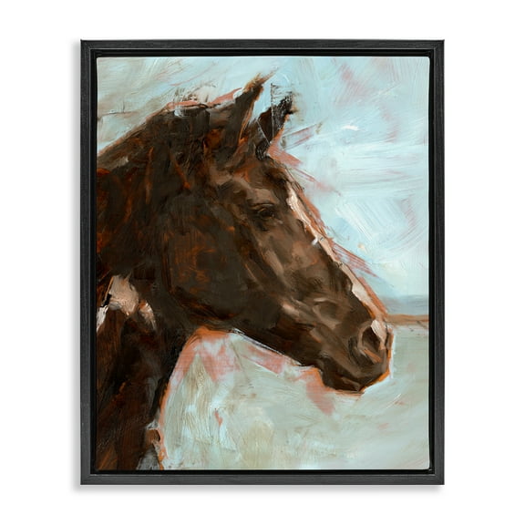 Stupell Industries Brown Horse on Blue Animals Painting Black Floater Framed Canvas Art Print Wall Art, 17 x 21