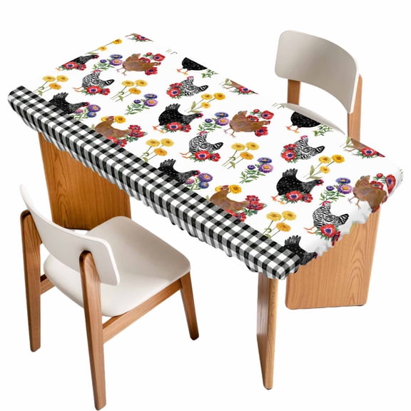 Farmhouse Rooster Table Cloths for 3 Foot Rectangle Tables, Country Watercolor Flowers Black Plaid Patio Waterproof Elastic Fitted Tablecloths, Washable Rectangular Table Cover for Camping