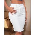 thumbnail image 3 of Womens White Fitted Denim Mini Skirt With Raw Hem And Button Front, 3 of 30