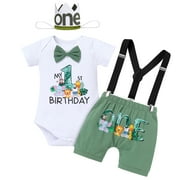 IBTOM CASTLE Baby Boy 1st Birthday Outfit Jungle Woodland Animal Romper + Bloomers + Suspenders 3PCS Clothes Set Photography 12-18 Months Teal Blue