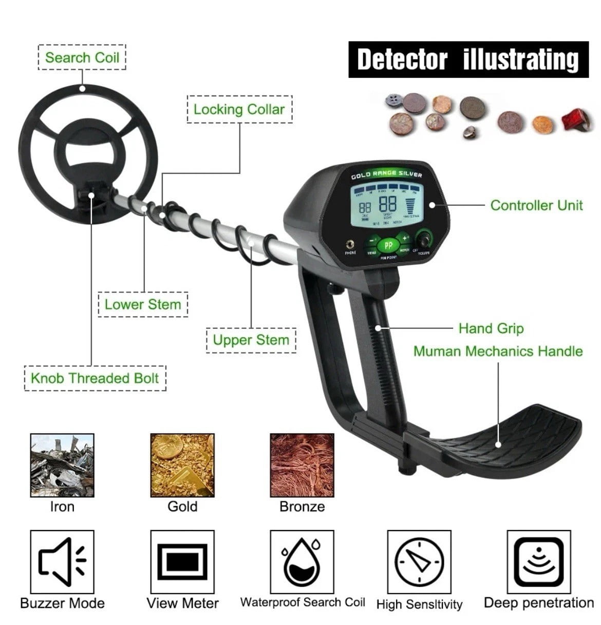 10" Metal Detector Gold Digger LCD Treasure Hunter Pinpointer Adult Kids Beach Yard