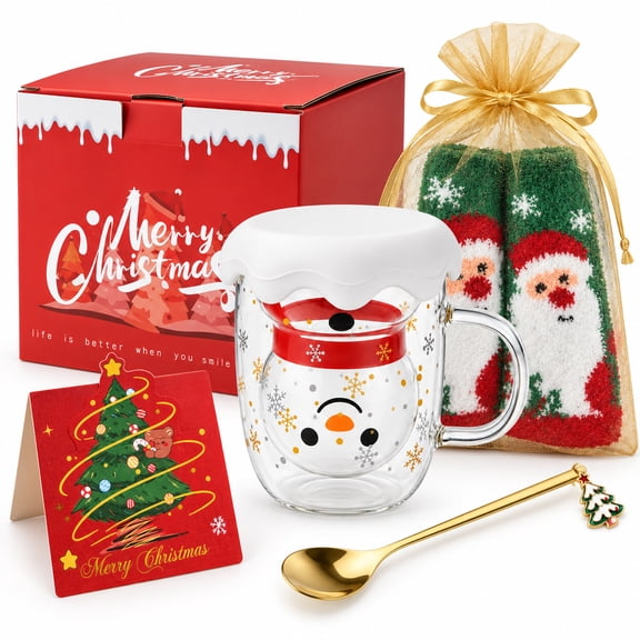 Christmas Snowman Glass Mug Gift Set, Double Wall Borosilicate Coffee Cup with Snow Lid, Holiday Drinkware with Spoon, Card, Gift Bag and Sock