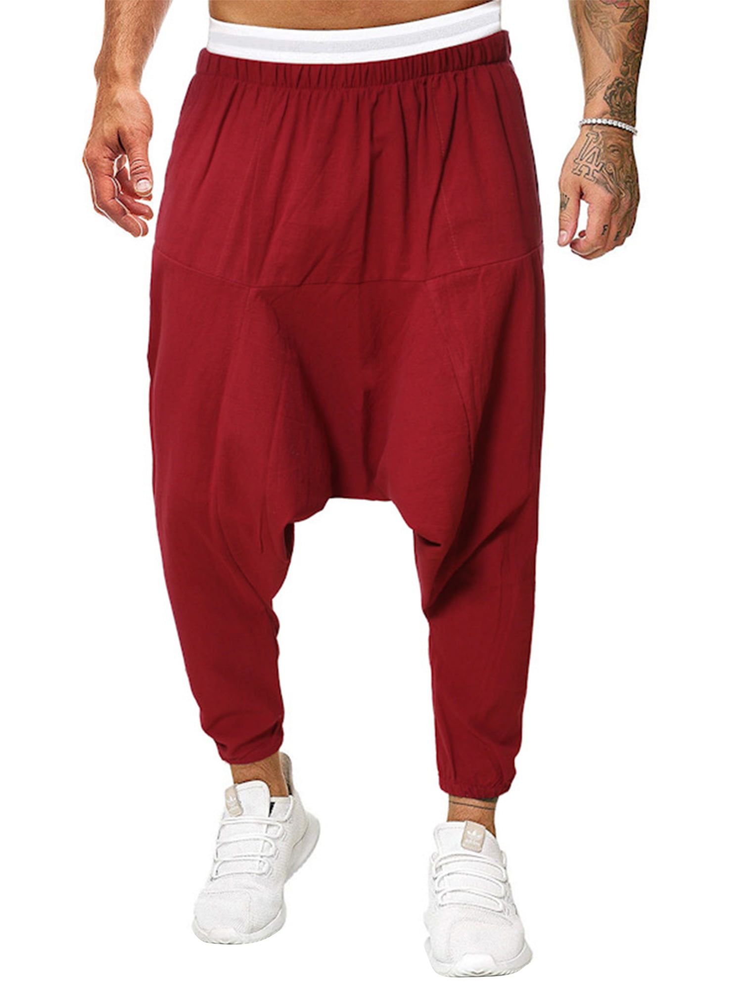 Mens Chinese Floral Cotton Linen Harem Trousers Loose Baggy Dance Bloomer Pants