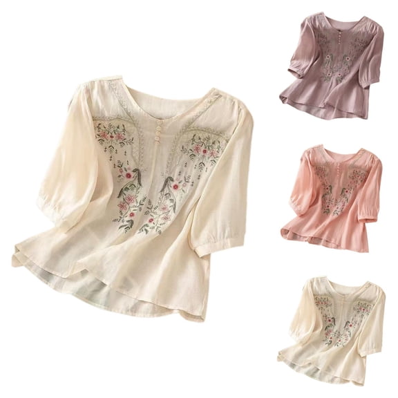 Boho T Shirts for Women 2026 Summer Casual Cotton Linen Elbow Puff Sleeve Crewneck Vintage Embroidery Loose Tee Shirt